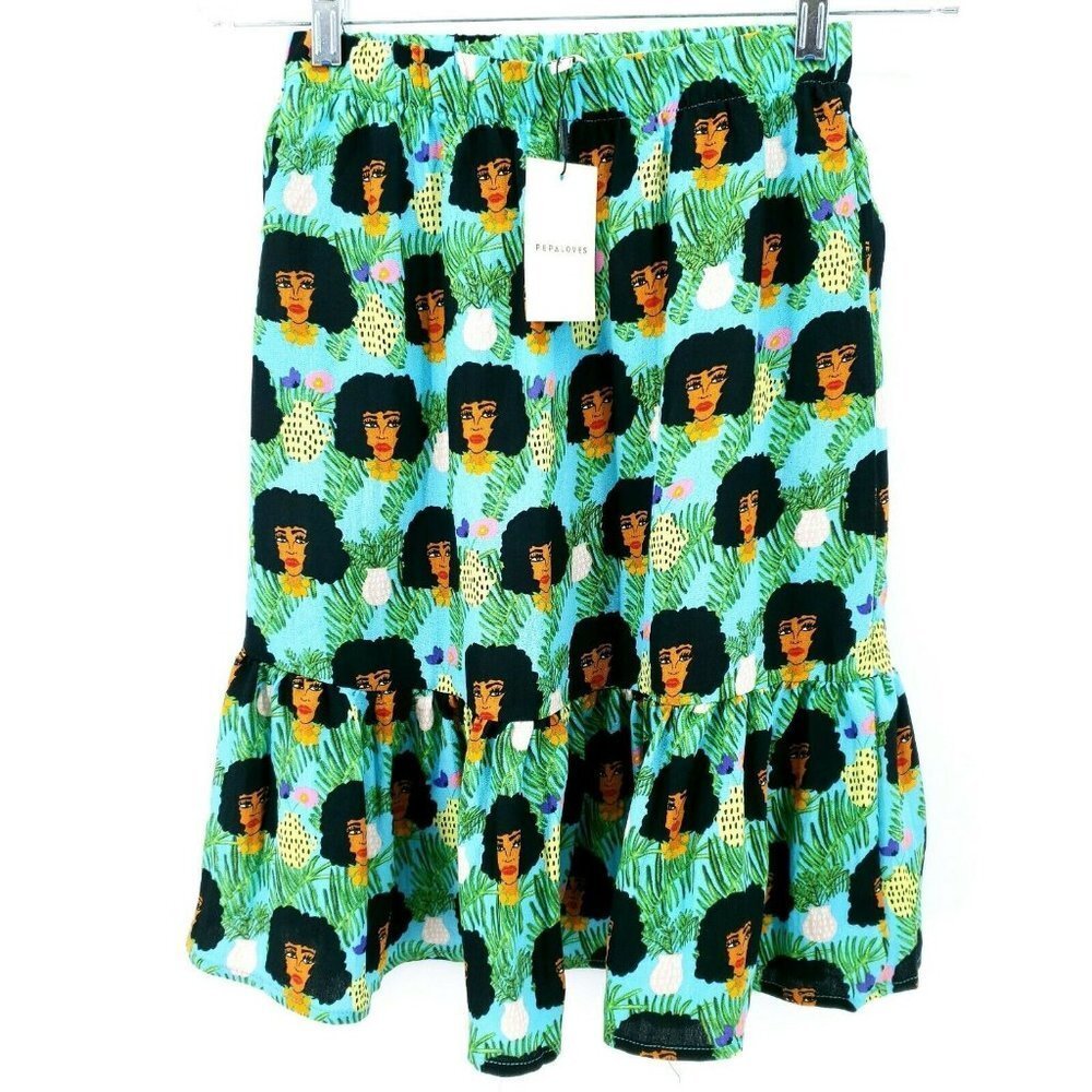 PEPALOVES Funky All Over Print Ruffle Midi Skirt Elastic Waist